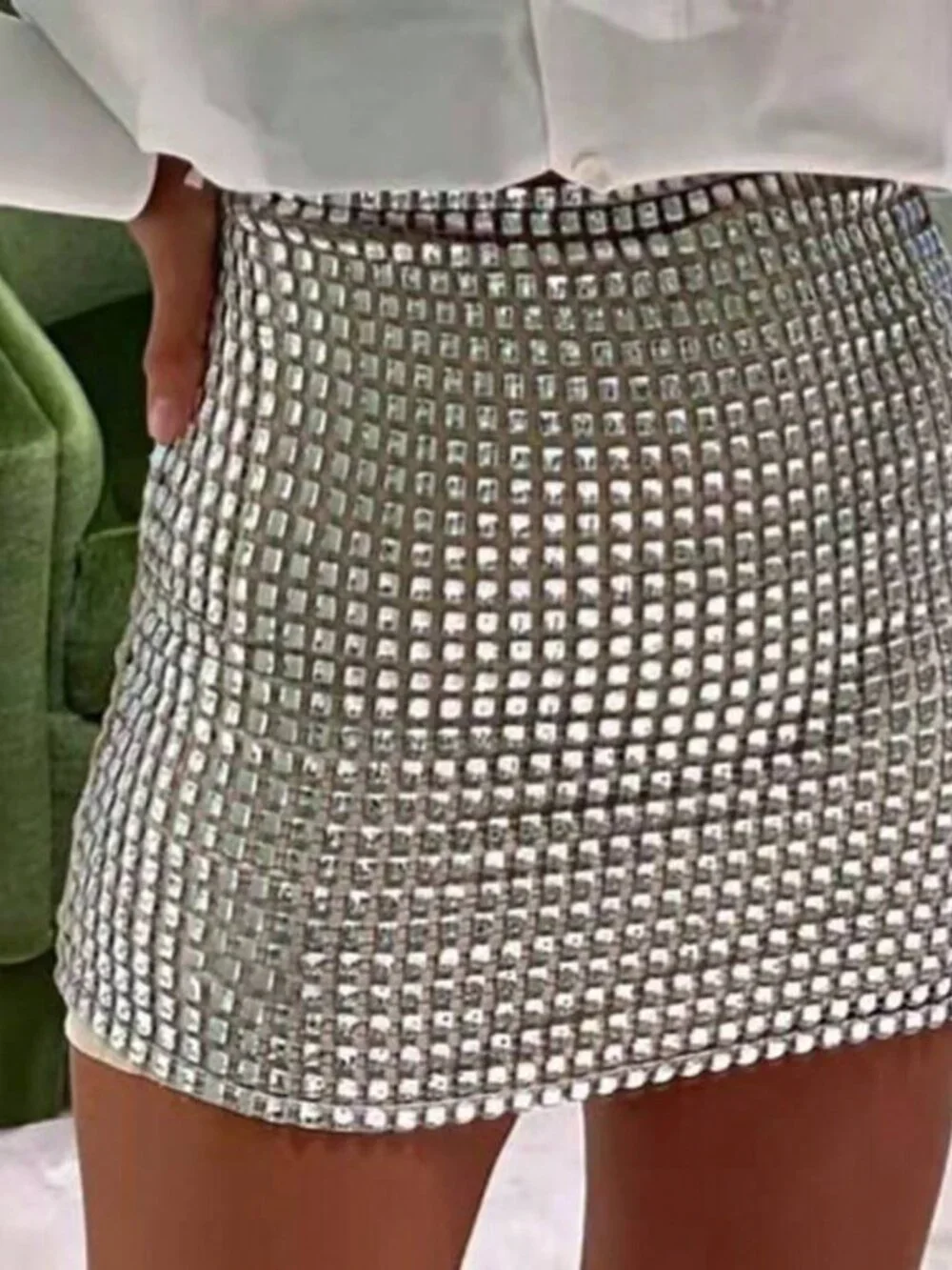 Silver Casual Elegant Women's Sequin Mesh Slim-Cut Bodycon Midi Skirt